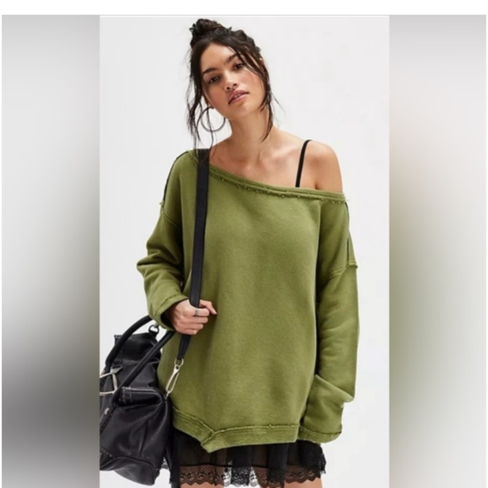 Free People Conrad Olive Green Oversized Off the Shoulder Sweatshirt
